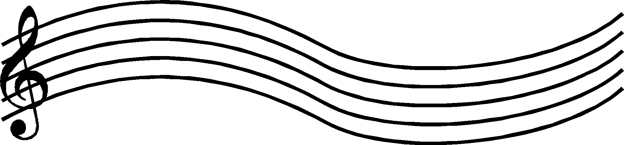 Black musical staff with treble clef on vibrant green background, stylized wavy lines representing flowing music notation.