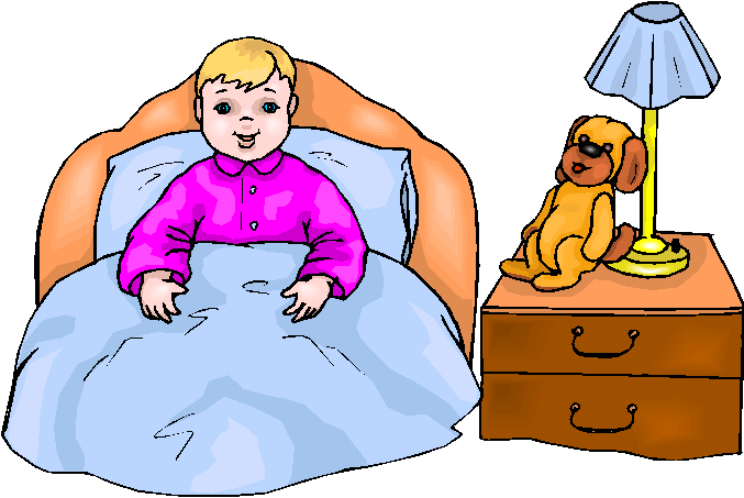 A smiling toddler in a pink pajama top sits up in bed under a blue blanket, next to a nightstand with a lamp and stuffed dog.