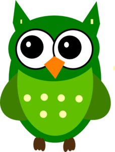 Friendly green cartoon owl with big eyes, orange beak, and spotted chest, designed for children’s education or branding.