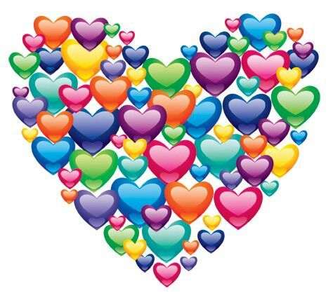A large heart composed of many smaller, vibrant multicolored hearts on a white background.