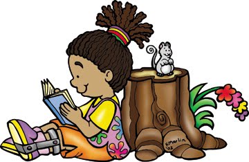 A smiling Black girl with braided hair reads a book while sitting beside a tree stump where a squirrel perches; colorful flowers nearby.