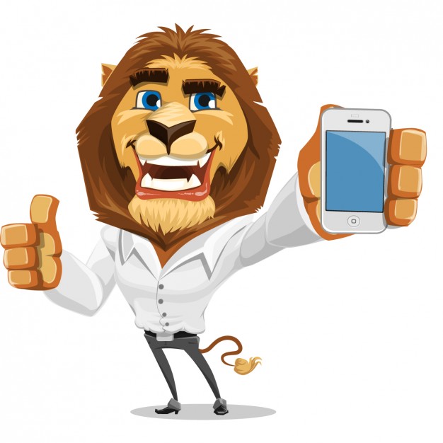 Friendly Business Lion Mascot with Smartphone - Digital Marketing Illustration
