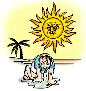 A cartoon sun with an angry face scowls down at a dehydrated, sweating person kneeling on a beach, with a palm tree in the background.