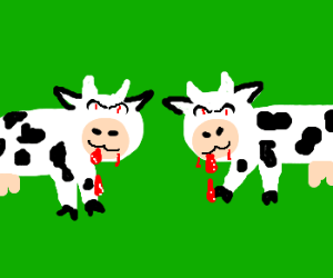 Two cartoon black-and-white cows with red blood dripping from their mouths, standing side by side on a green background.
