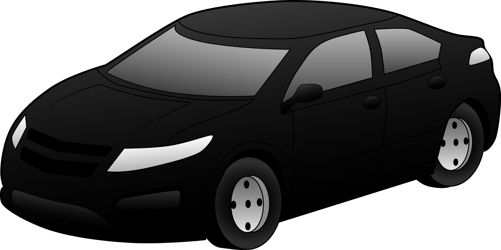 Sleek black sedan with modern headlights and silver alloy wheels on a black background.