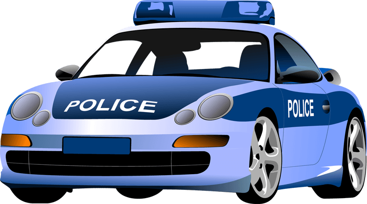 Blue police car with flashing lights and "POLICE" markings on front and side.
