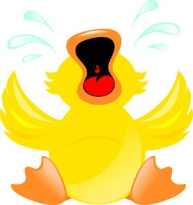 A cheerful yellow cartoon duckling with wide-open beak, splashing water, and outstretched wings.