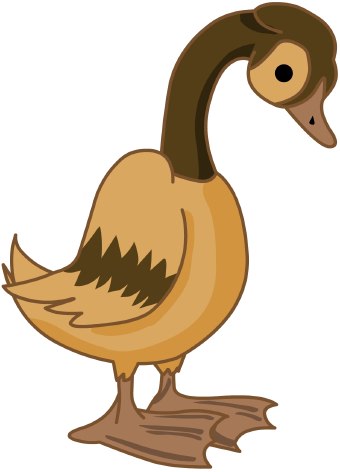 Cartoon illustration of a brown and tan goose standing upright with a curved neck and webbed feet.