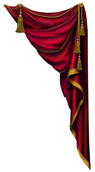 Luxurious red velvet curtain with gold trim and ornate tassels, draped elegantly against white background.