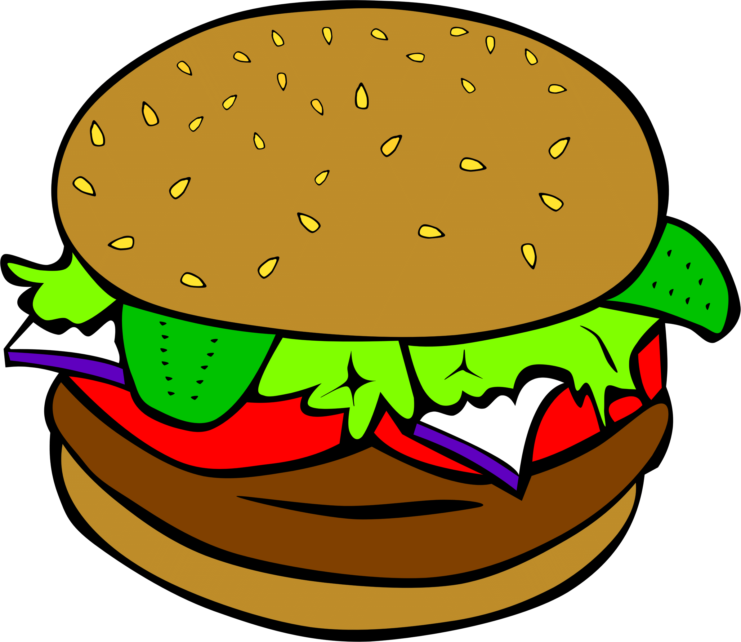 Cartoon-style hamburger with sesame seed bun, lettuce, tomato, cheese, and pickle slices on black background.