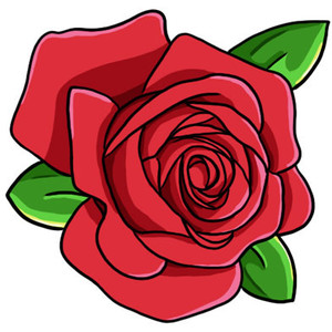 Vibrant red rose with lush green leaves, illustrated in bold cartoon style against white background.