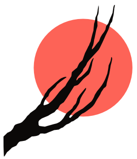Silhouetted bare tree branch against a vivid red circular sun or moon backdrop.