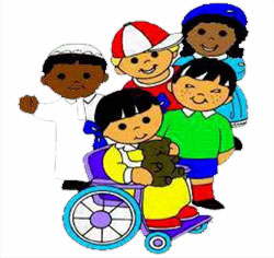 Diverse group of smiling children, including one in a wheelchair, celebrating inclusion and friendship.