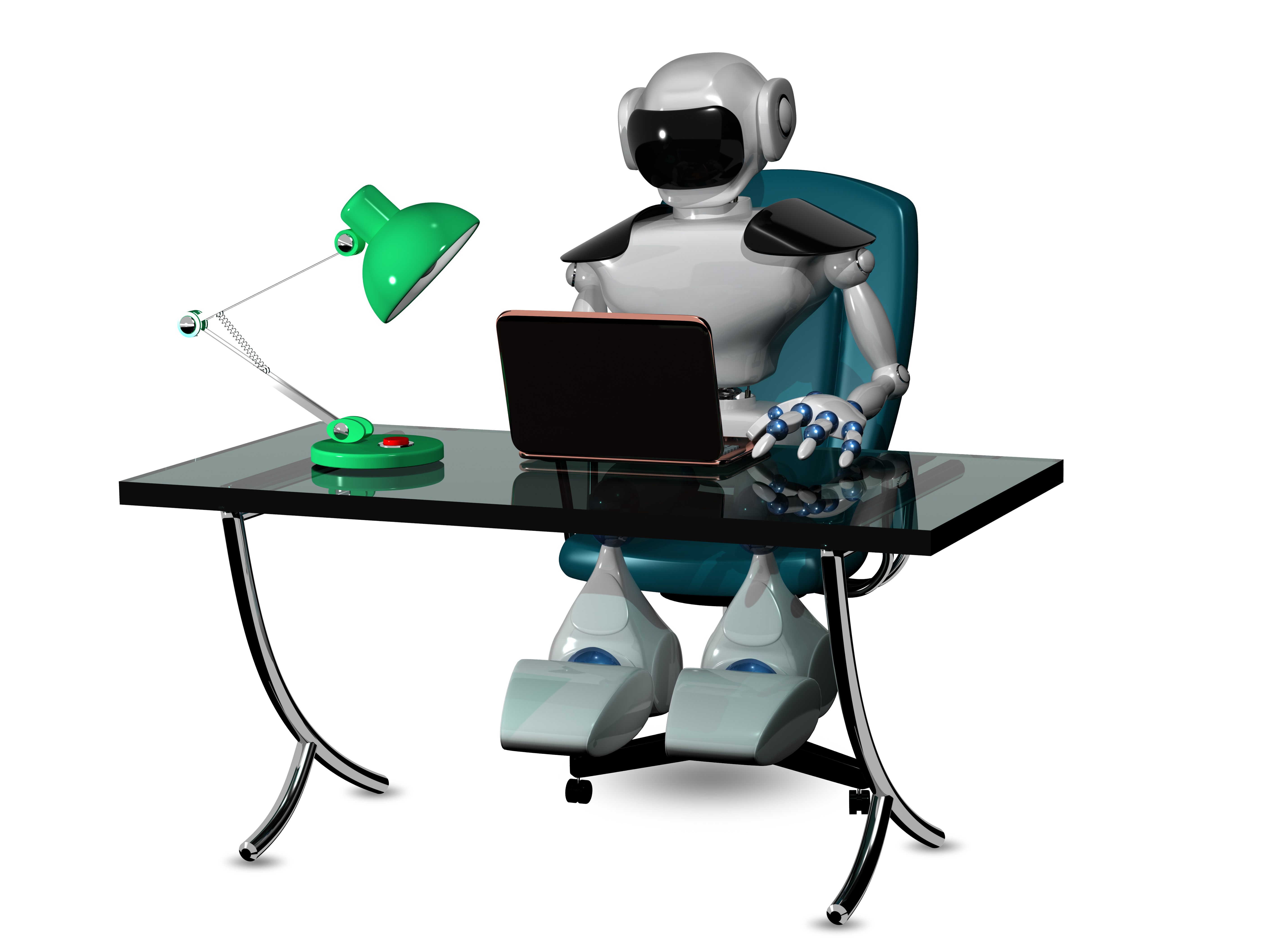 AI Assistant Robot Working at Desk - Futuristic Automation Concept