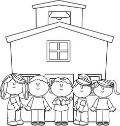Children Standing Outside School - Educational Illustration
