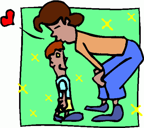 A caring adult leans down to kiss a child on the forehead, with a red heart and yellow sparkles around them.
