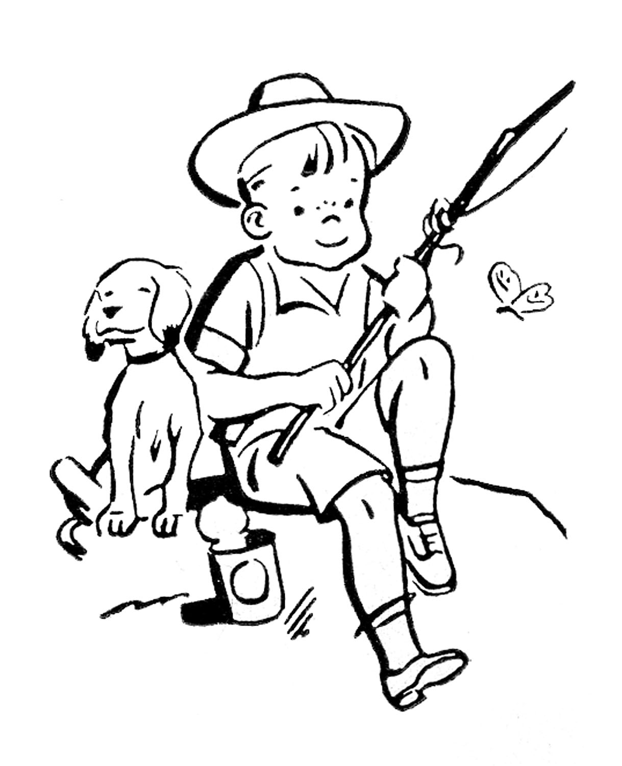 Boy Fishing with Dog - Vintage Illustration for Outdoor Adventure Themes
