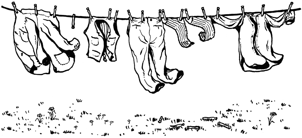 Black-and-white line drawing of clothes drying on a clothesline over a grassy field with wildflowers.