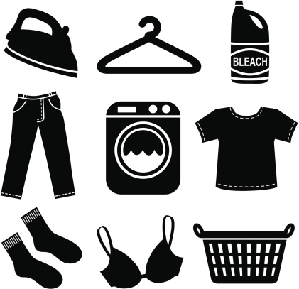 Black-and-white icon set showing laundry items: iron, hanger, bleach, jeans, washing machine, t-shirt, socks, bra, and laundry basket.