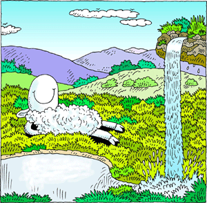 A smiling white sheep lies peacefully on green grass beside a pond and waterfall, with rolling hills and clouds in the background.