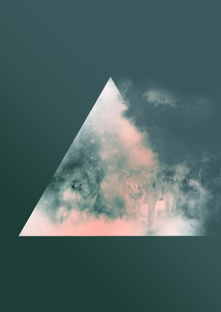 A mystical triangular frame revealing wolves in misty forest light, set against a deep teal background.