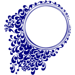 Blue ornate floral frame with intricate scrollwork and circular border on white background.
