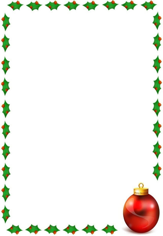 Festive Christmas border with green holly leaves, red berries, and a shiny red ornament in the corner.