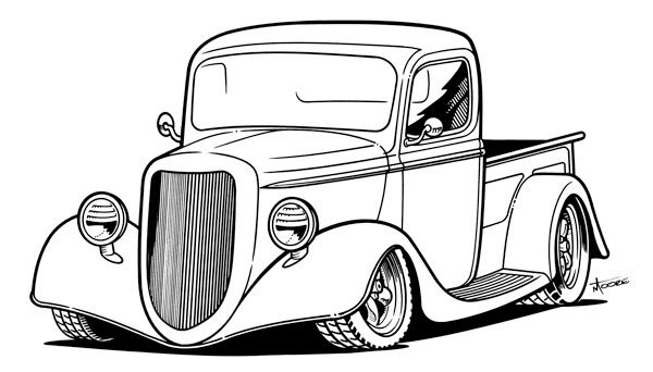 Black-and-white line drawing of a classic 1930s hot rod pickup truck with custom fenders, large grille, and lowered suspension.