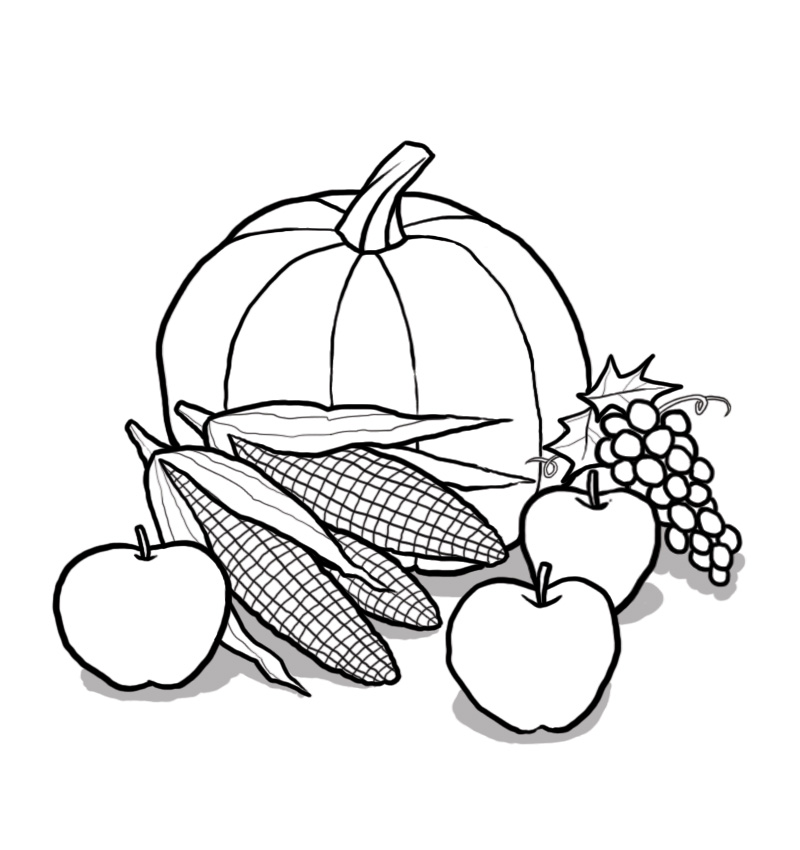 Autumn Harvest Coloring Page - Free Printable Fall Fruit & Vegetable Illustration