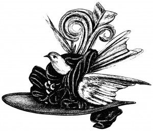 A delicate black-and-white illustration of a small bird perched on an ornate, vintage-style hat adorned with feathers and swirling floral motifs.