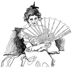 Vintage ink sketch of a woman in ornate dress holding an open decorative fan, seated with elegant posture.