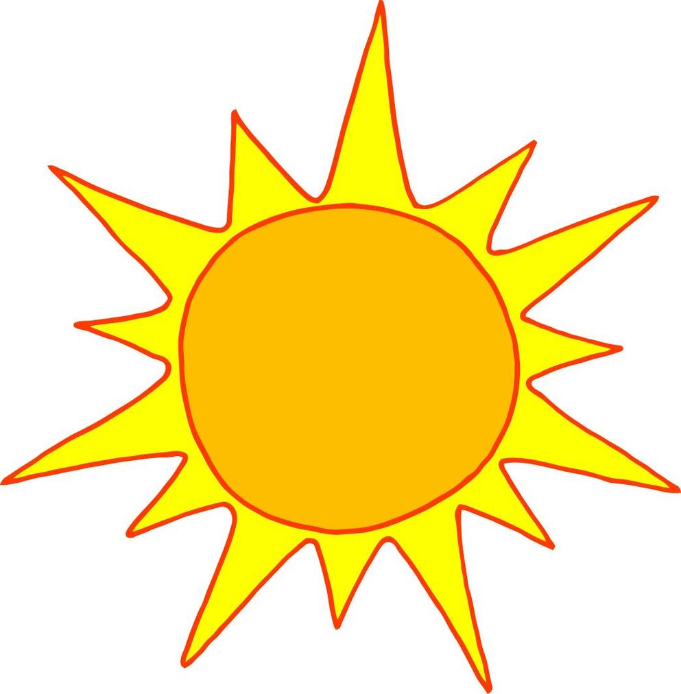 Bright yellow sun with orange outline and 16 pointed rays on white background.