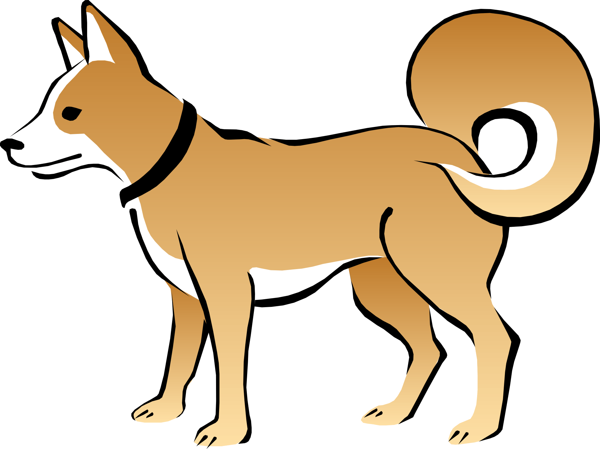Stylized illustration of a tan and white Shiba Inu dog standing in profile with curled tail and black collar.