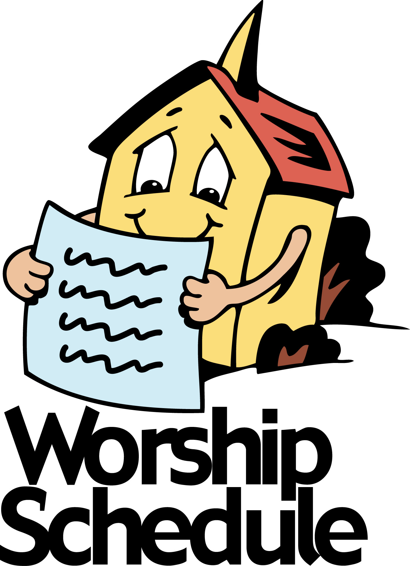 Cheerful yellow house-shaped character holding a worship schedule sheet with wavy lines, smiling warmly.
