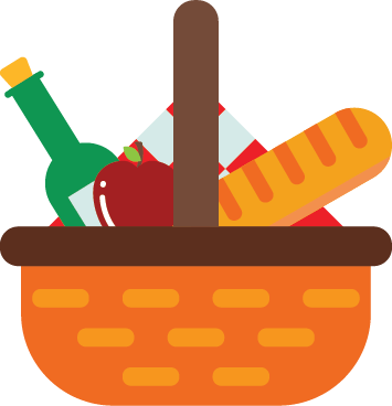 Picnic Basket with Wine, Apple, and Baguette - Perfect Outdoor Meal Icon