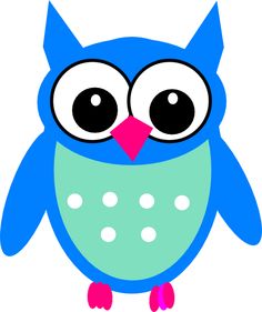 Blue cartoon owl with big eyes, pink beak and feet, and a polka-dotted green belly on white background.