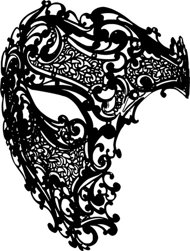 Intricate black-and-white ornamental mask with baroque-style filigree and swirling flourishes, evoking mystery and elegance.
