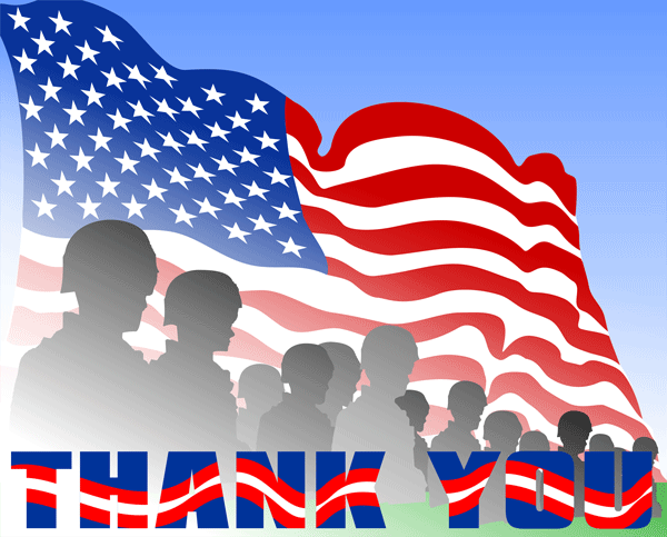 Silhouettes of diverse people standing before a waving U.S. flag with "THANK YOU" in patriotic colors below.