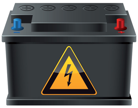 Black car battery with red and blue terminals and a yellow high-voltage warning sign.