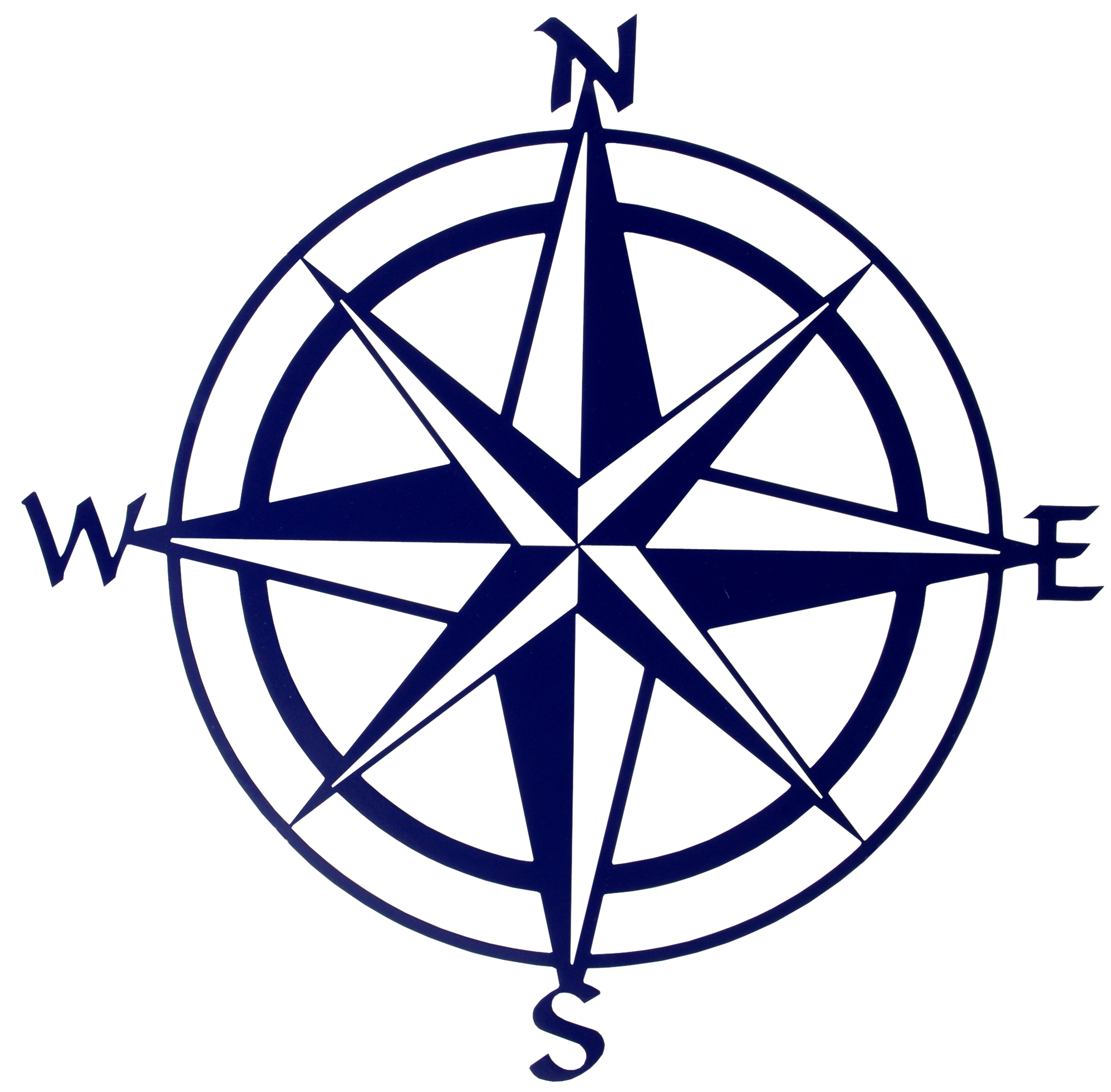 Navy blue classic compass rose with cardinal directions N, E, S, W on white background.
