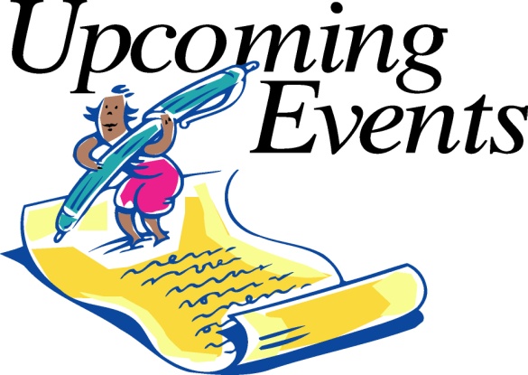 Cartoon figure writing on a scroll with "Upcoming Events" text above