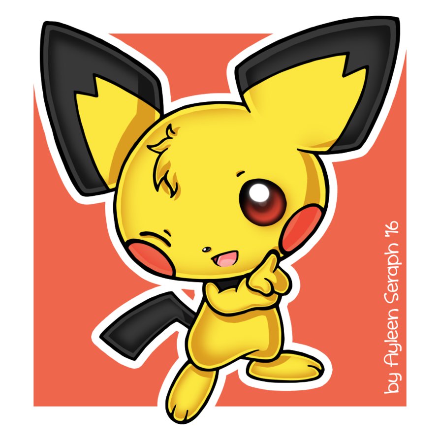 Chibi Pichu winking and pointing, yellow with black-tipped ears and tail, on coral background by Ayleen Seraph '16