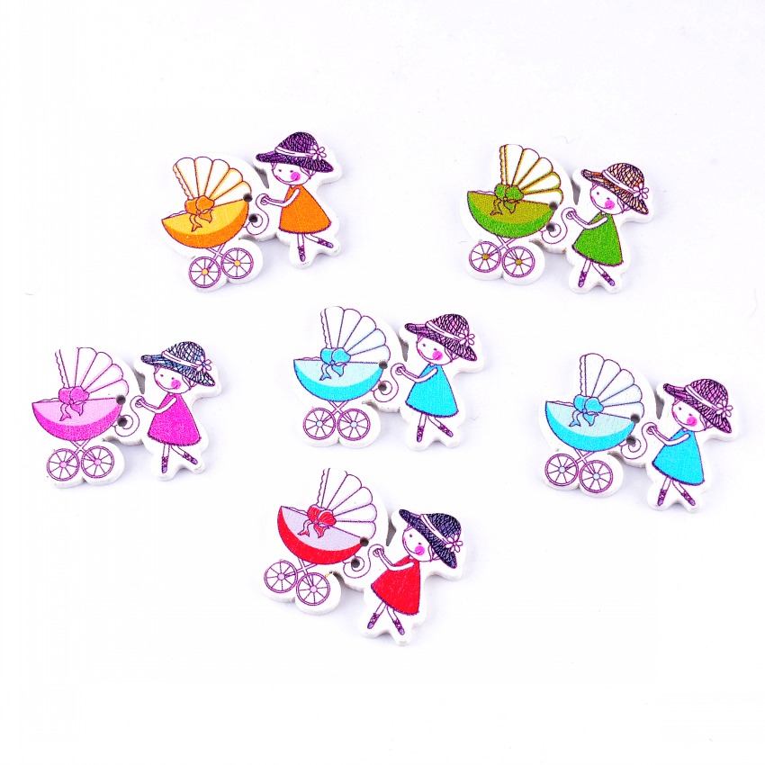 Decorative Wooden Buttons with Girl and Pram Design - Craft Supplies
