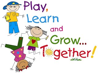 Three smiling cartoon children playing and learning together with colorful text "Play, Learn and Grow... Together!"