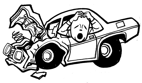 Cartoon illustration of a severely damaged car with a shocked driver clutching their head after a crash.
