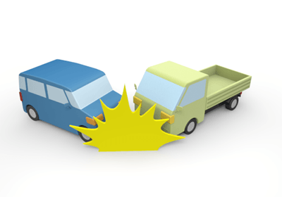 Blue van and green pickup truck colliding with a yellow impact burst graphic.