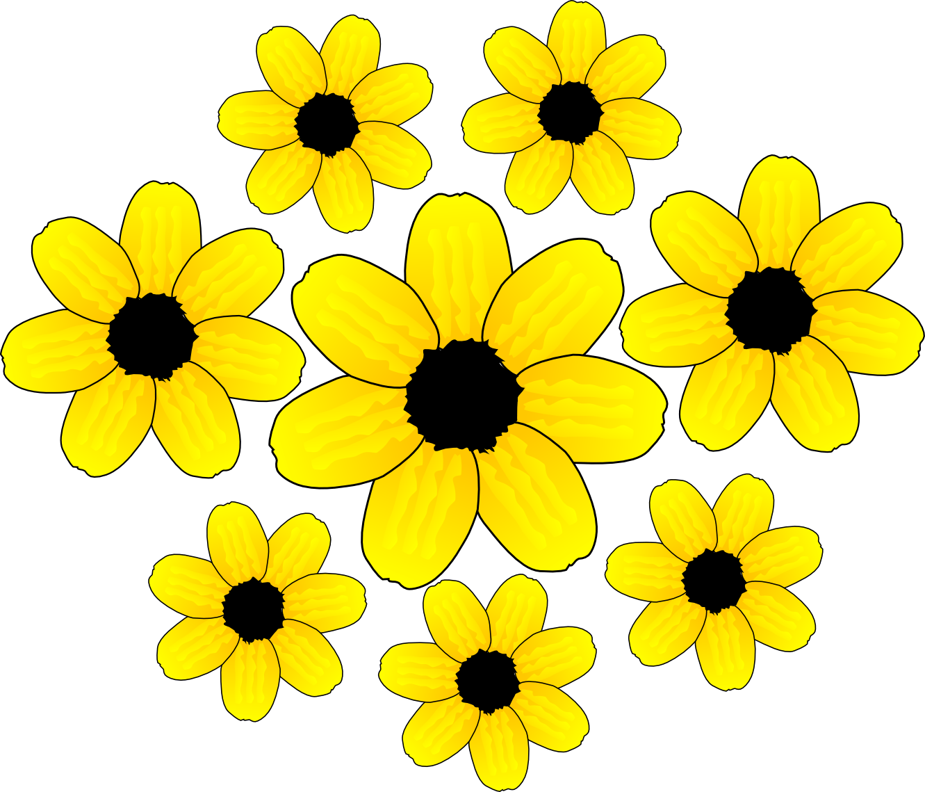 Bright yellow daisy-like flowers with black centers arranged on a black background.