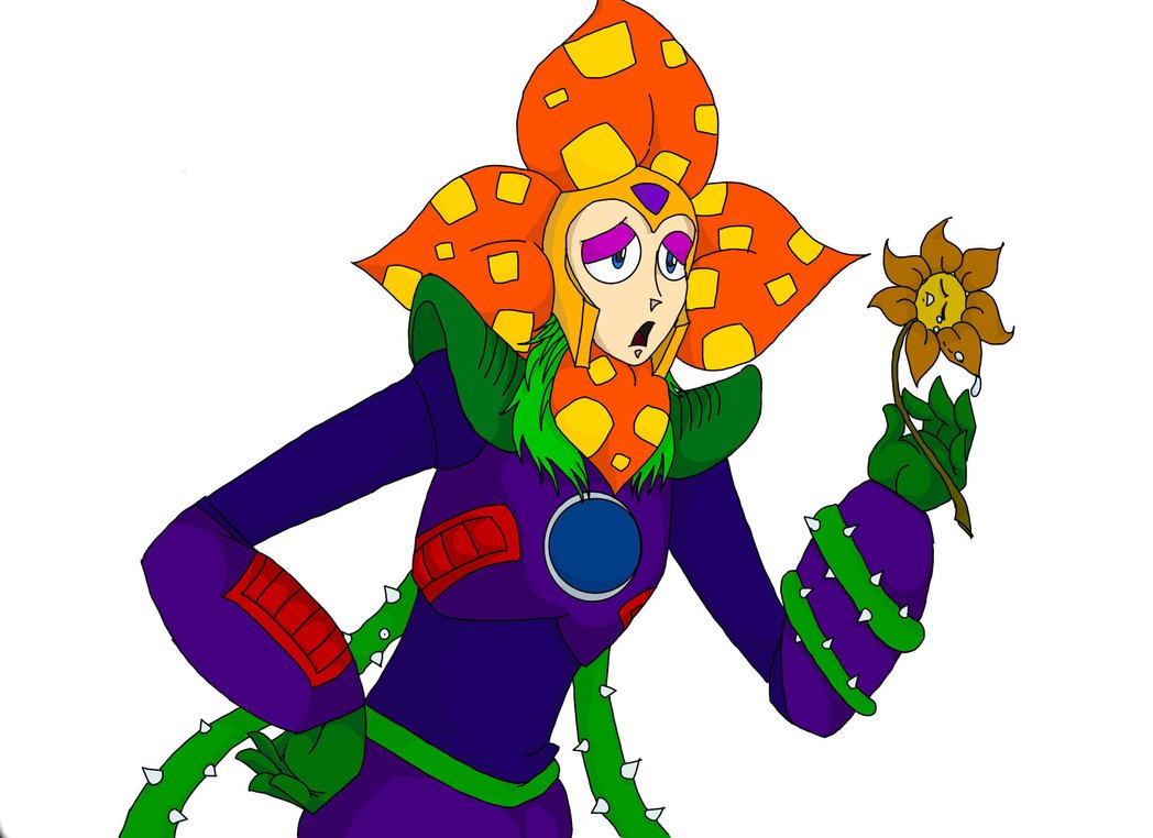 A stylized anthropomorphic plant character with orange flower head, purple suit, and green thorny limbs holding a wilted sunflower.