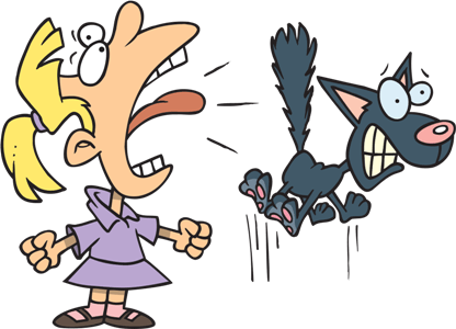 Cartoon Girl Screaming at Startled Cat - Expressive Clip Art