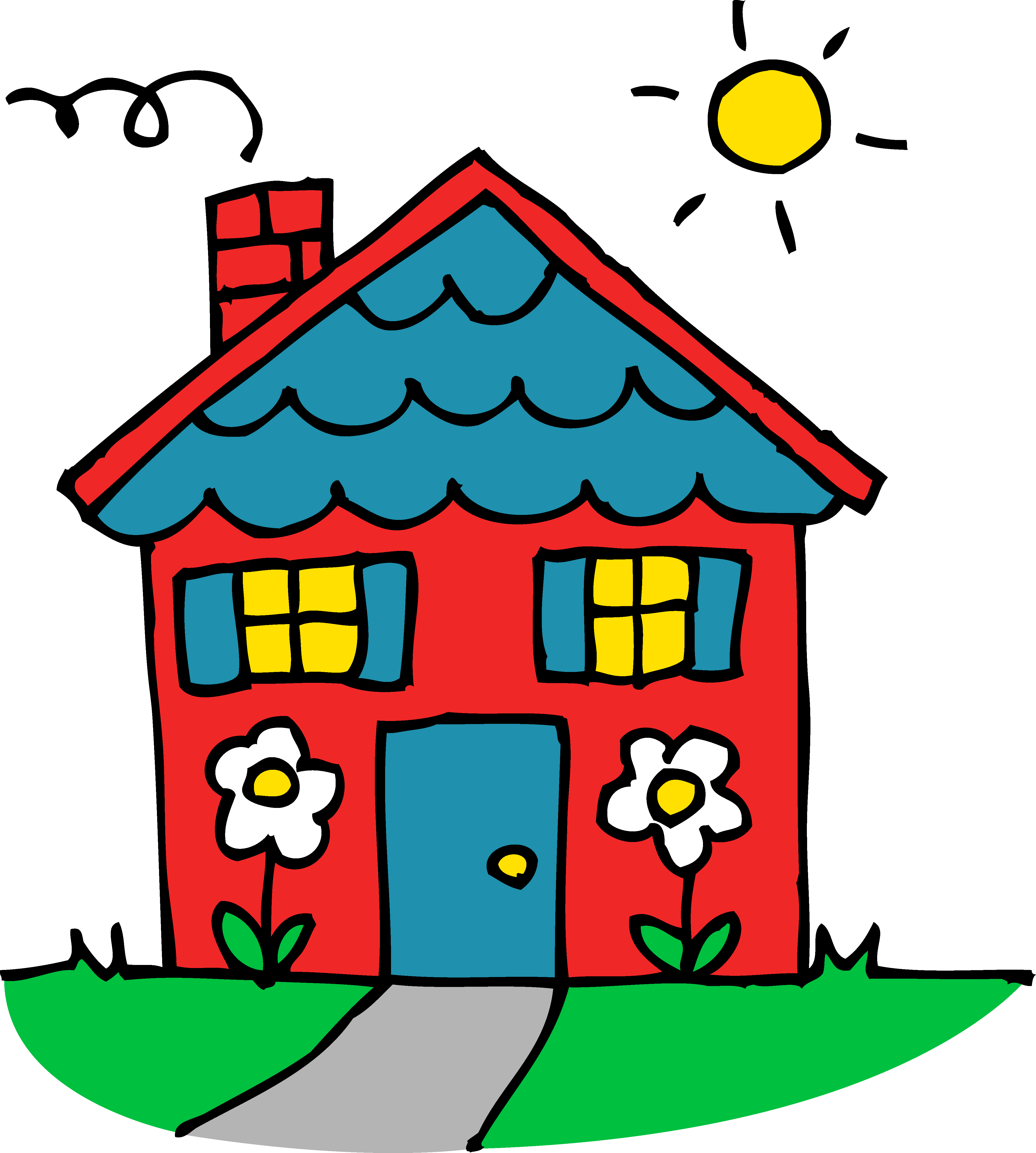 Cheerful red cartoon house with blue roof, yellow windows, white flowers, and a sunny sky.